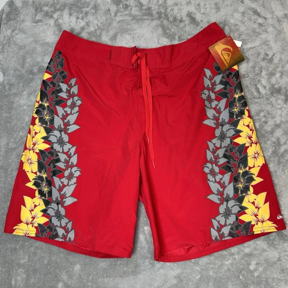 2-Pack Quiksilver Boardshorts Mens Size 36 Red Floral Surf Swim Beach Trunks-NWT